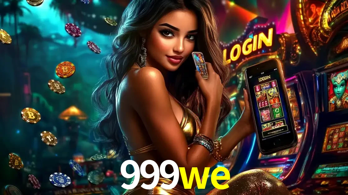 Mulher em um cenário de cassino temático de aventura, mostrando o app de caça-níqueis da 999we no celular. Fichas de apostas flutuam ao redor.